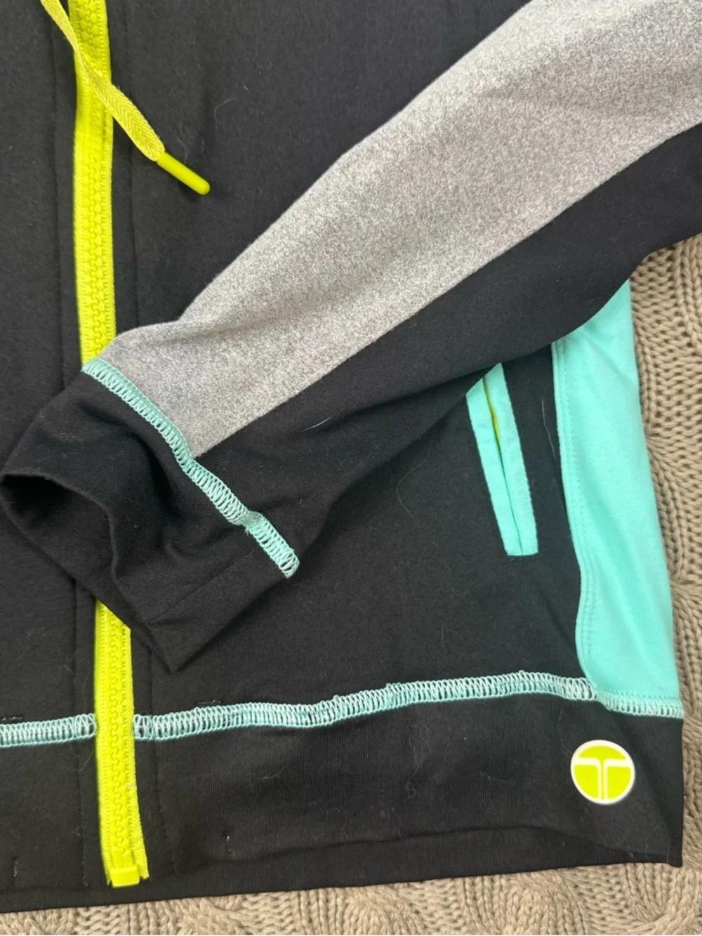 Trina Turk Recreation Teal, Black & Gray Colorblock Hoodie with Yellow Logo ~ S - Picture 4 of 12